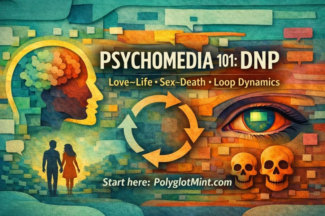 Paper-cut style cover image for Psychomedia 101: DNP. A teal and orange layered collage shows a human profile with a brain-like form, a circular loop arrow, a large eye, two skulls, and a small couple walking together.